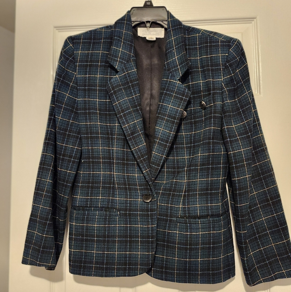 Vintage Angela Gabrielle Green Plaid Wool Blazer Size 6